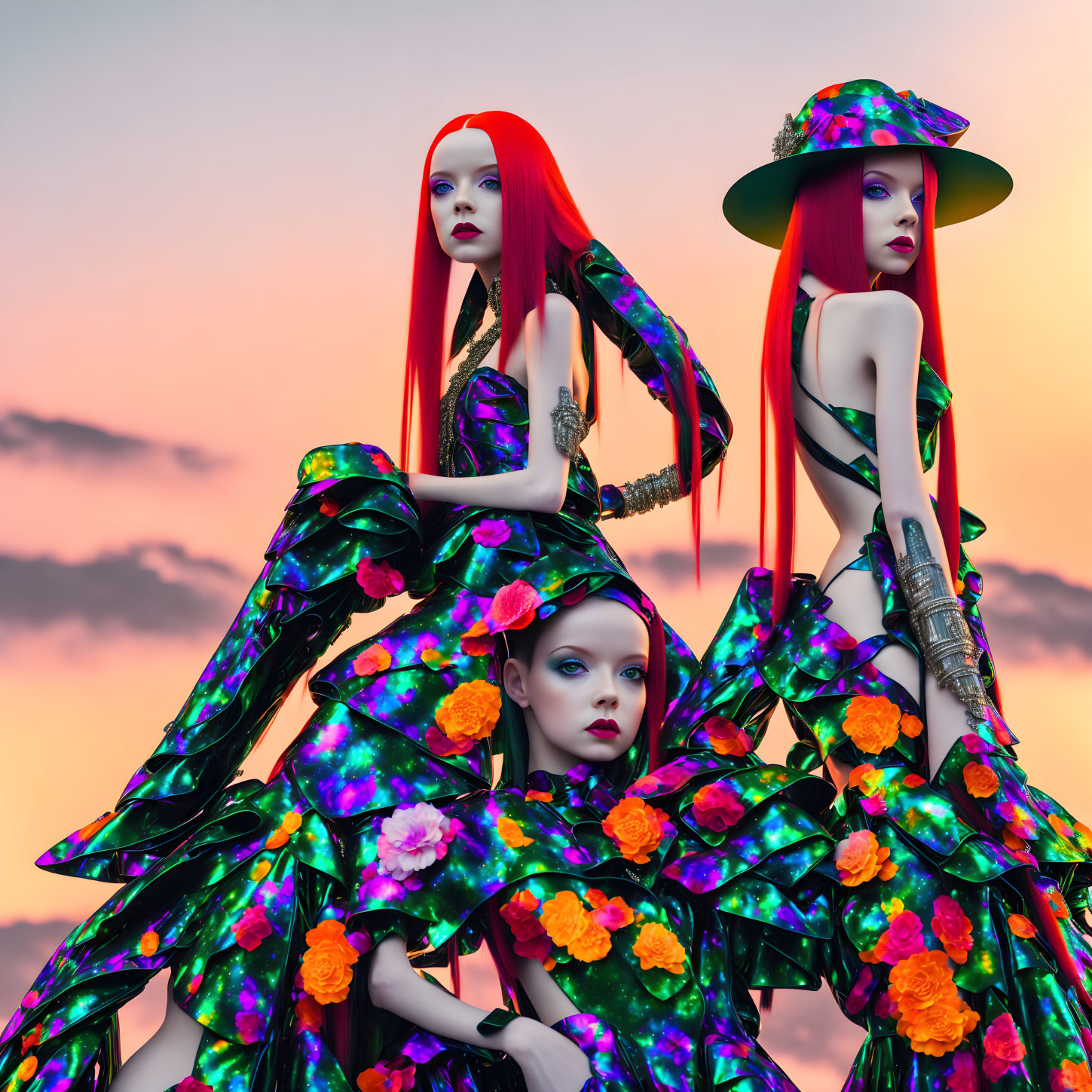 Mannequins with Red Hair and Floral Outfits on Pastel Sky Background