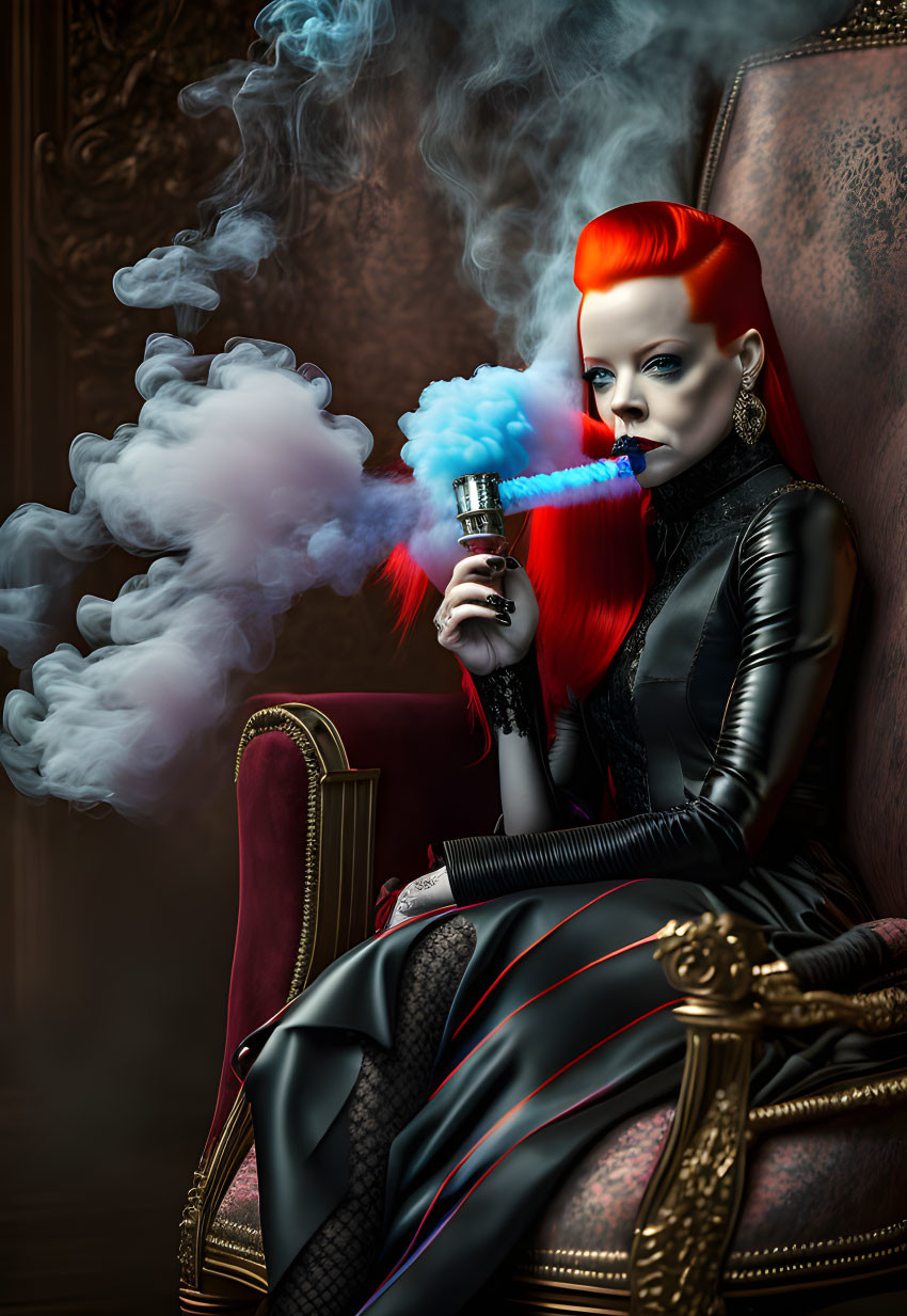 Striking red-haired woman exhales blue smoke in ornate chair