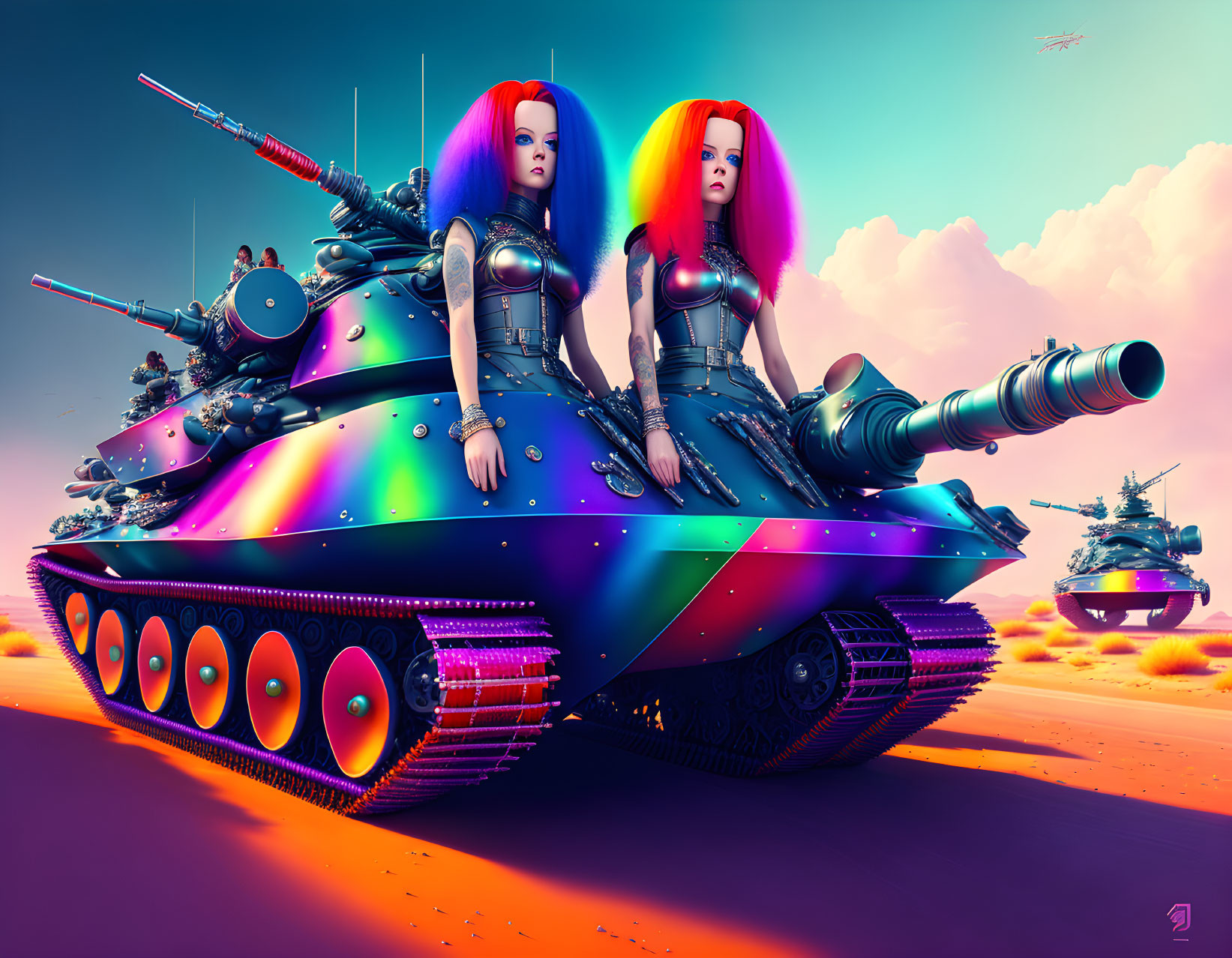 Colorful futuristic female warriors on armed tank in desert scene