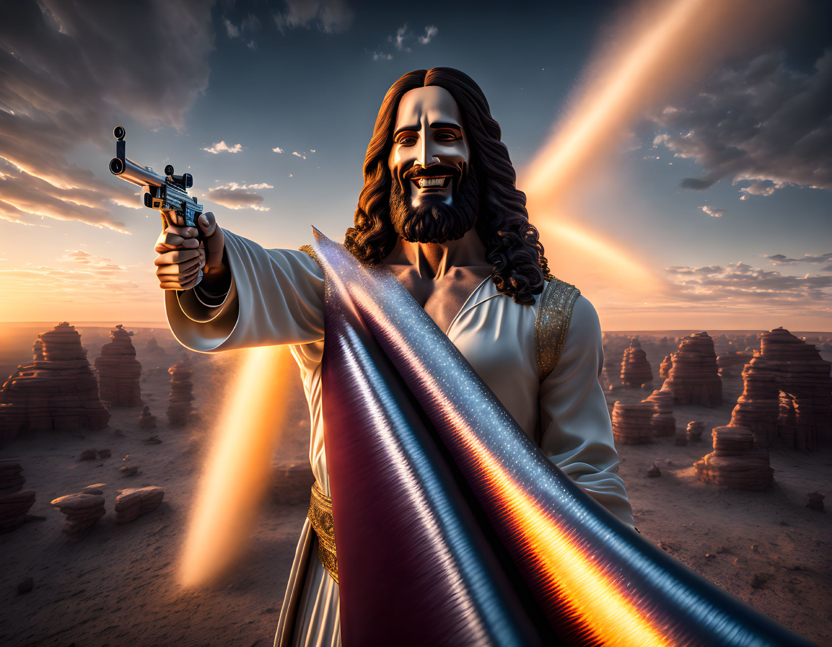 Stylized animated man with long hair and beard aiming a handgun in desert sunset.