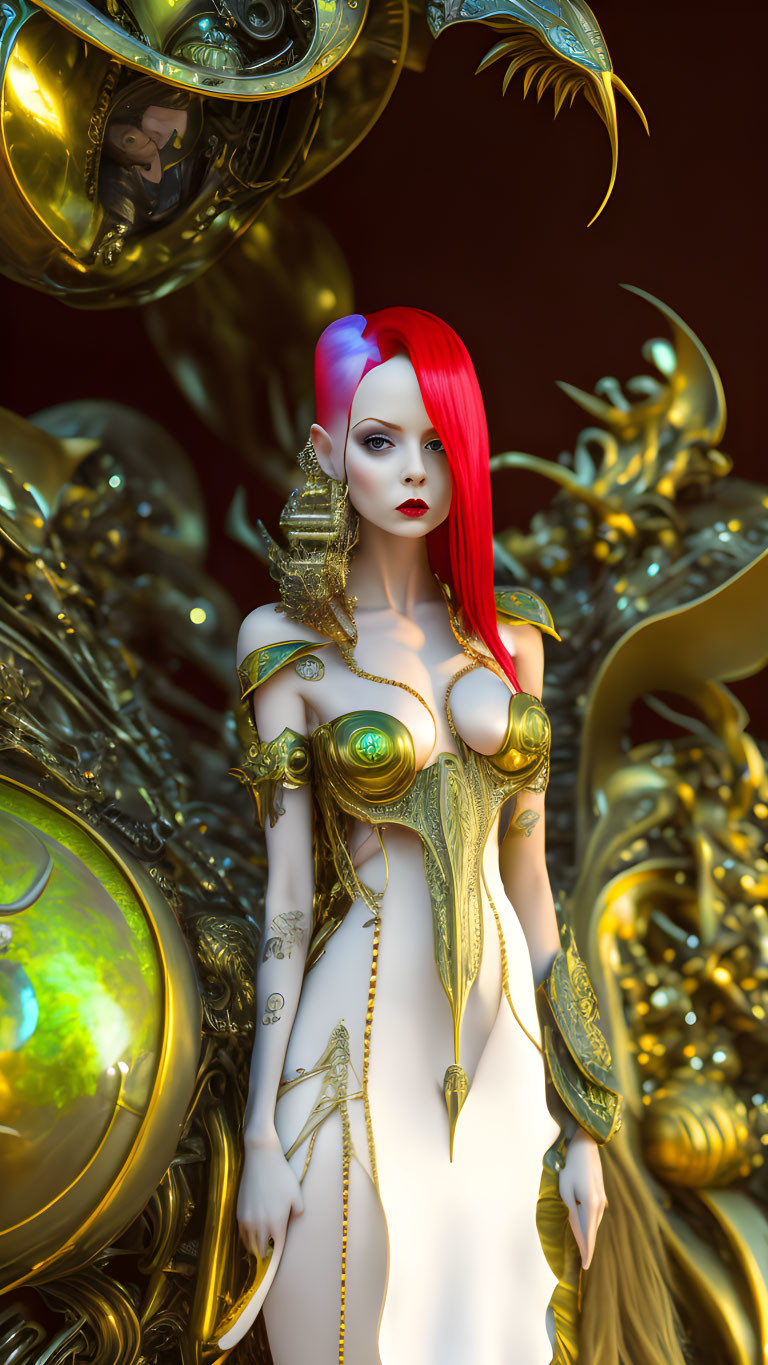 Digital Artwork: Female Figure with Red & White Hair in Ornate Gold Armor