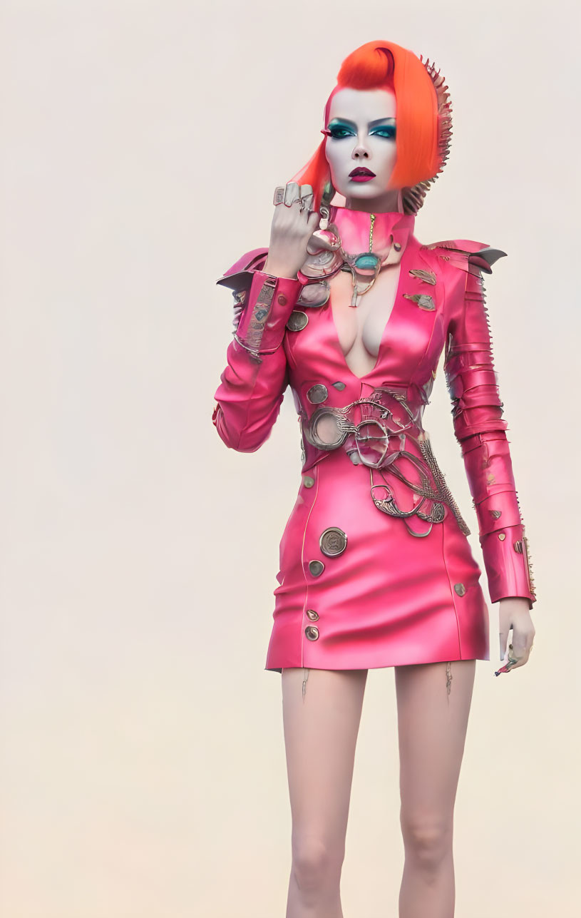 Avant-garde style: Vibrant orange hair, pink outfit, bold makeup pose against soft background