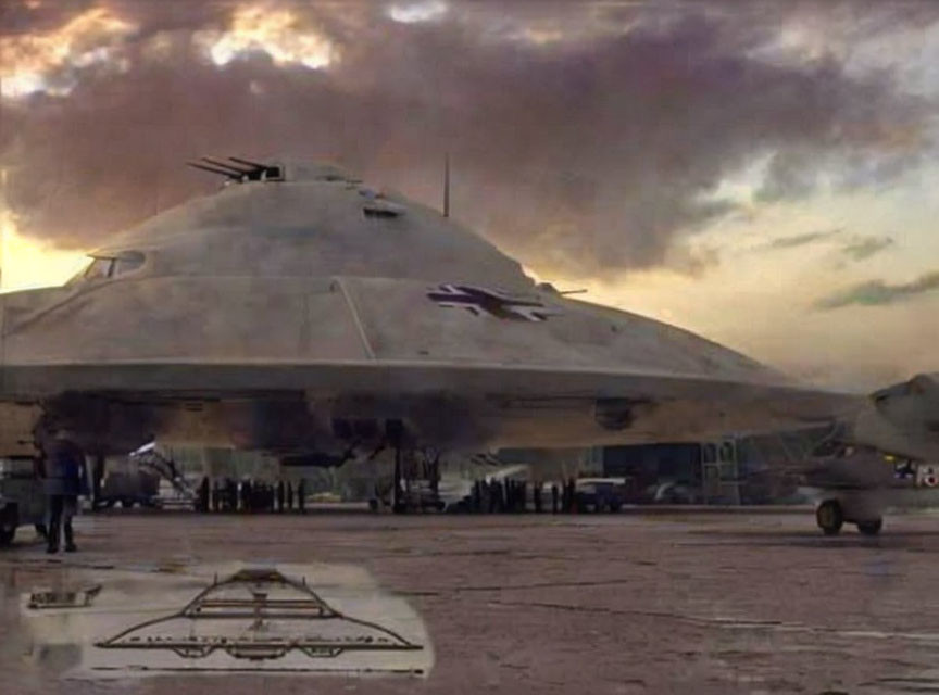 Sleek Triangular Aircraft on Tarmac at Dusk