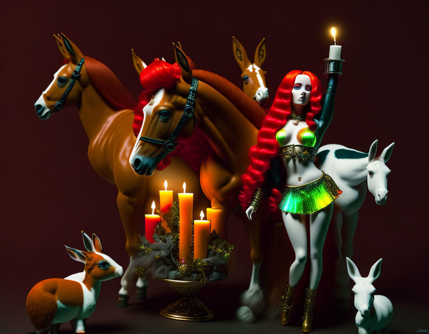 Stylized image: Red-haired woman with candle, animals in dimly lit background