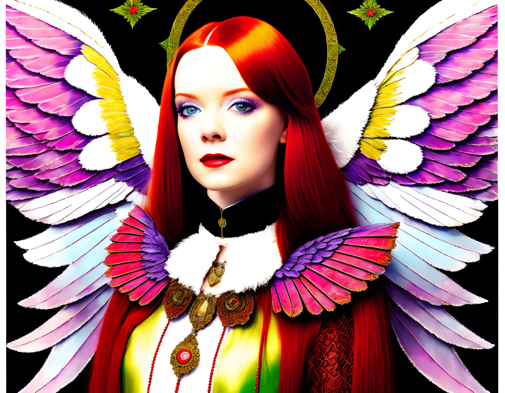 Digital illustration: Woman with red hair, blue eyes, halo, intricate costume, colorful wings.