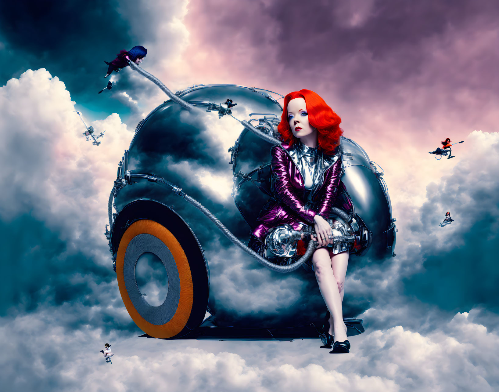 Red-haired woman on chrome beetle car under dramatic sky with flying figures.