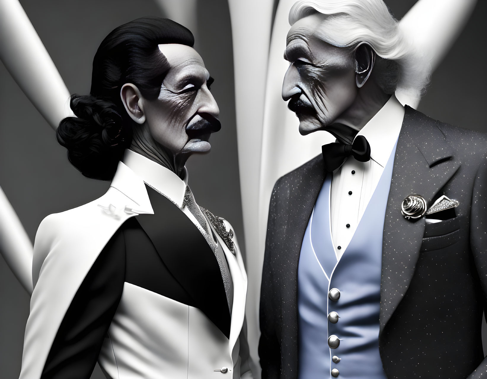 Stylized male figures in elegant suits facing each other