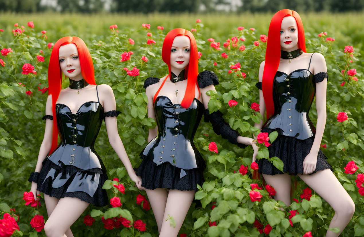 Red-haired mannequins in black corsets and skirts by a rose bush