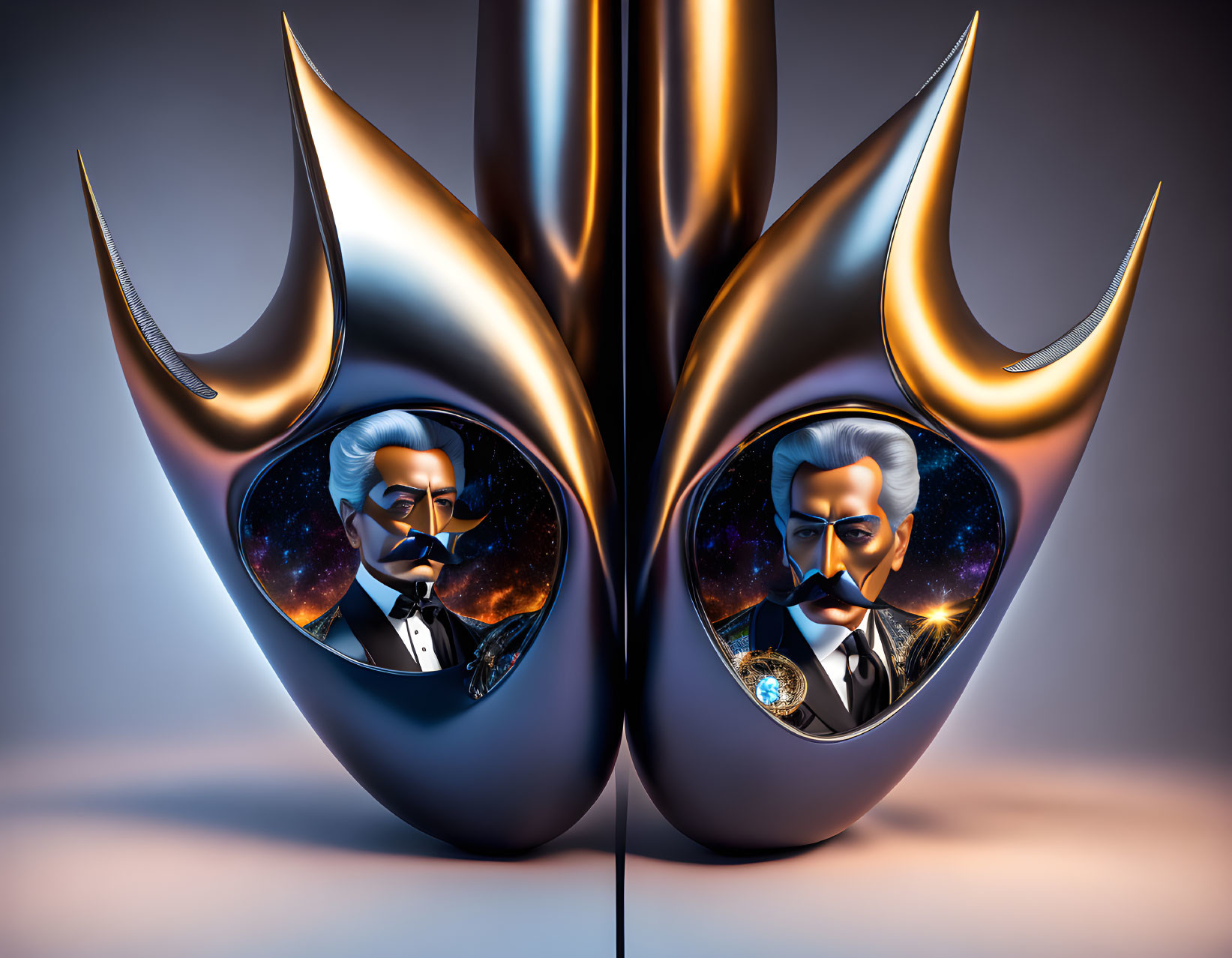 Monochrome abstract art with golden masks and male figures in bow ties against cosmic backdrop