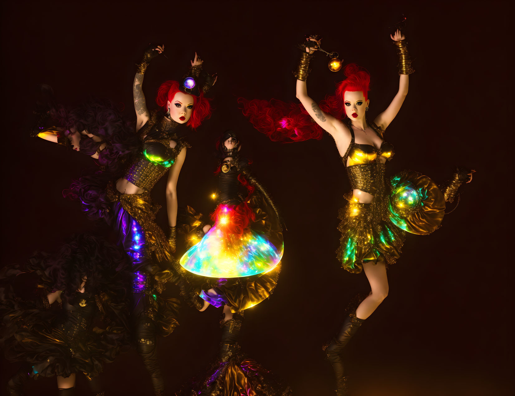 Vibrant dancers in colorful glowing costumes on dark background