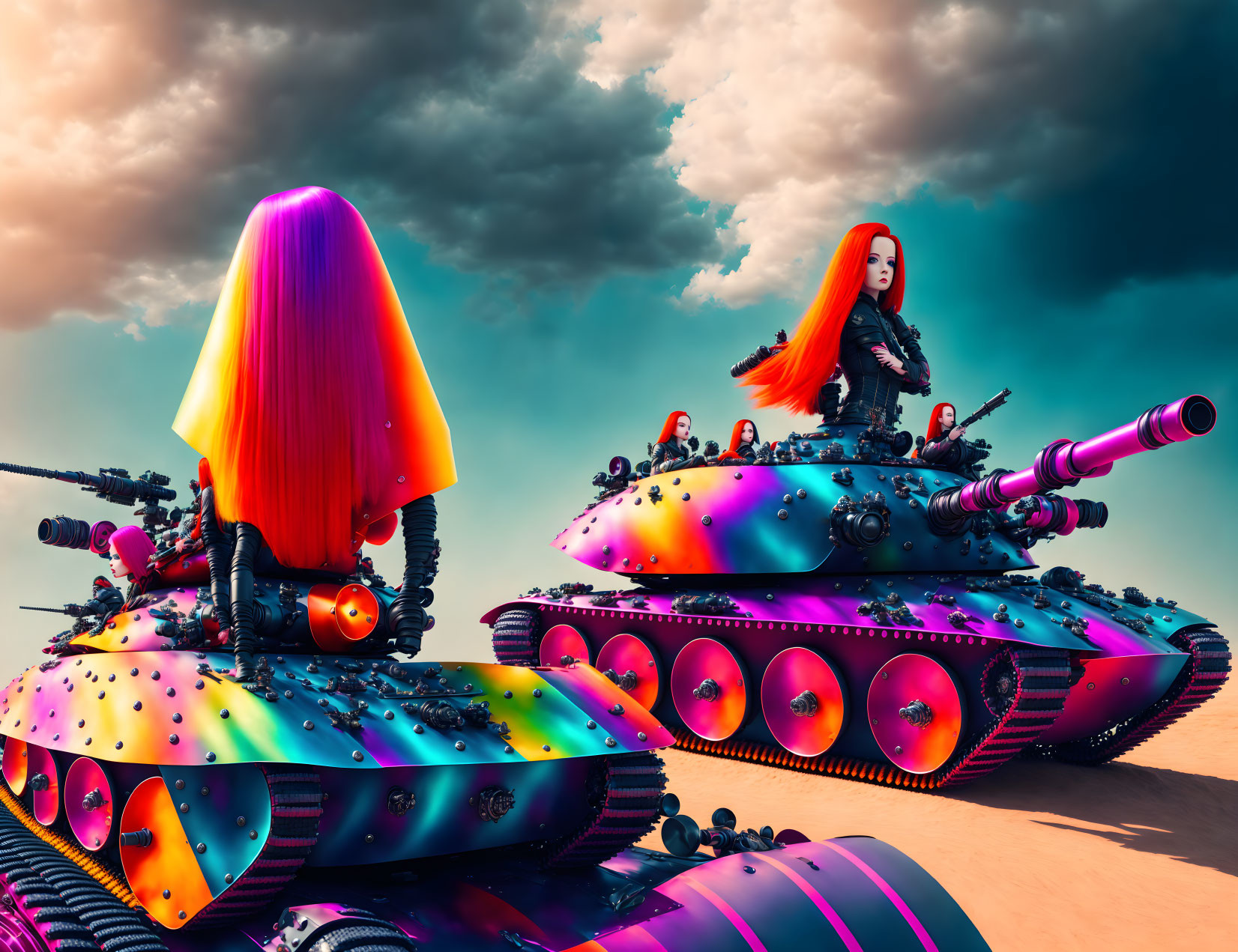 Colorful Tanks with Polka Dots and Unique Features under Surreal Sky