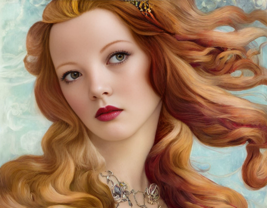 Portrait of Woman with Red Hair, Butterfly, and Jeweled Necklace