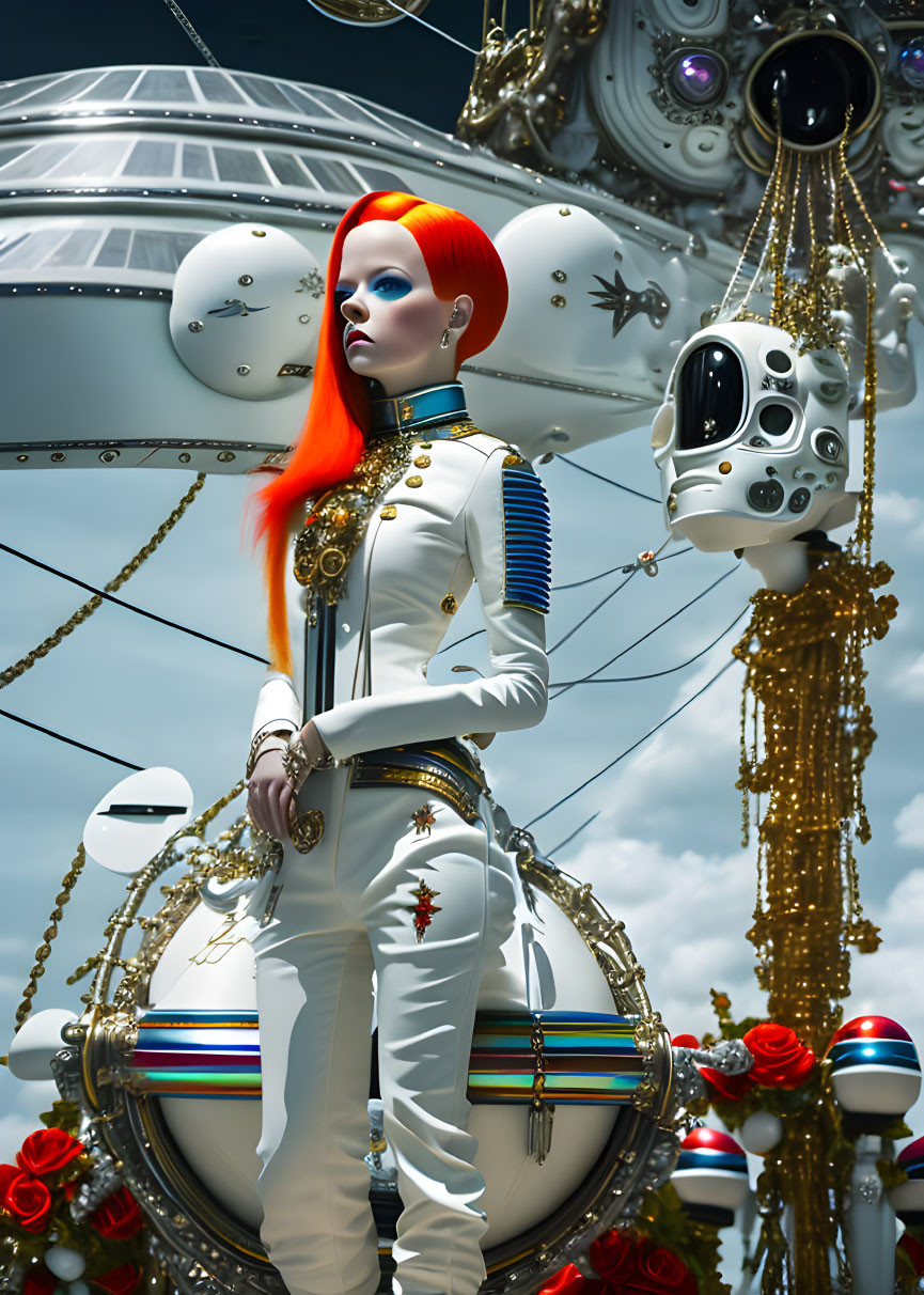 Futuristic fashion mannequin in ornate white uniform with red hair against whimsical backdrop