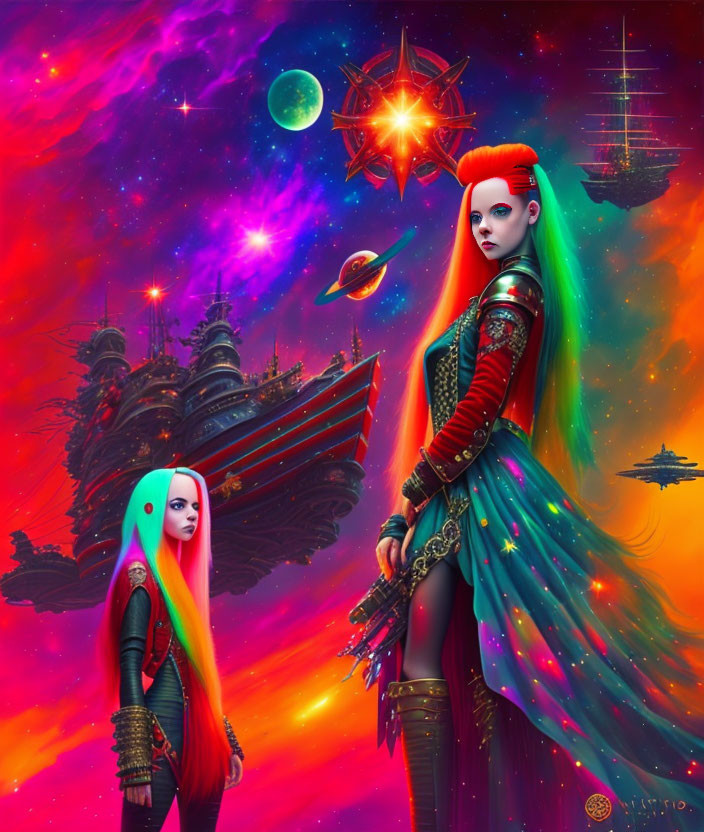 Futuristic women with rainbow hair in cosmic scene