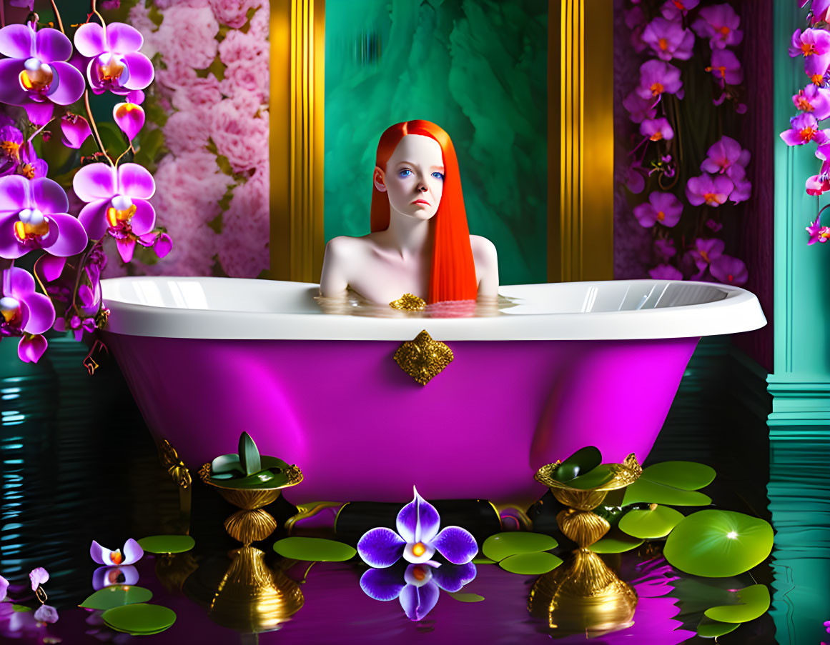 Red-haired woman in purple bathtub with water lilies and orchids