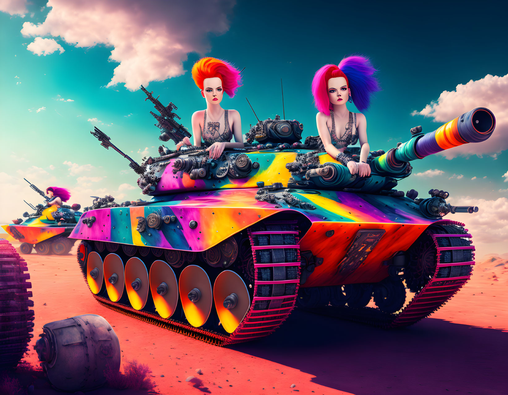 Two women with vibrant hair and tattoos on colorful tanks in surreal desert.