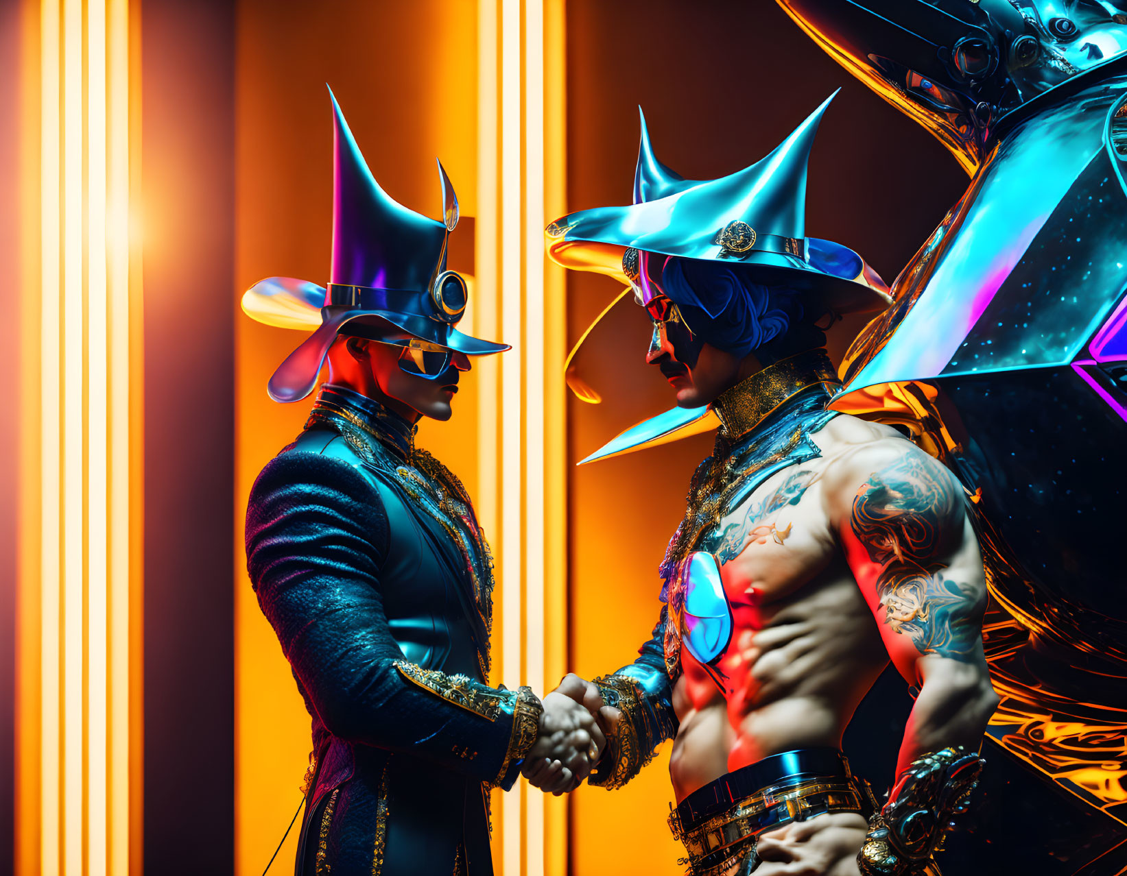 Two individuals in futuristic costumes shaking hands amidst vibrant orange light.