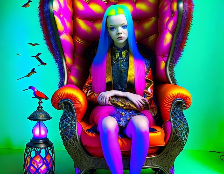 Blue-haired person on vibrant throne with colorful decor and birds.