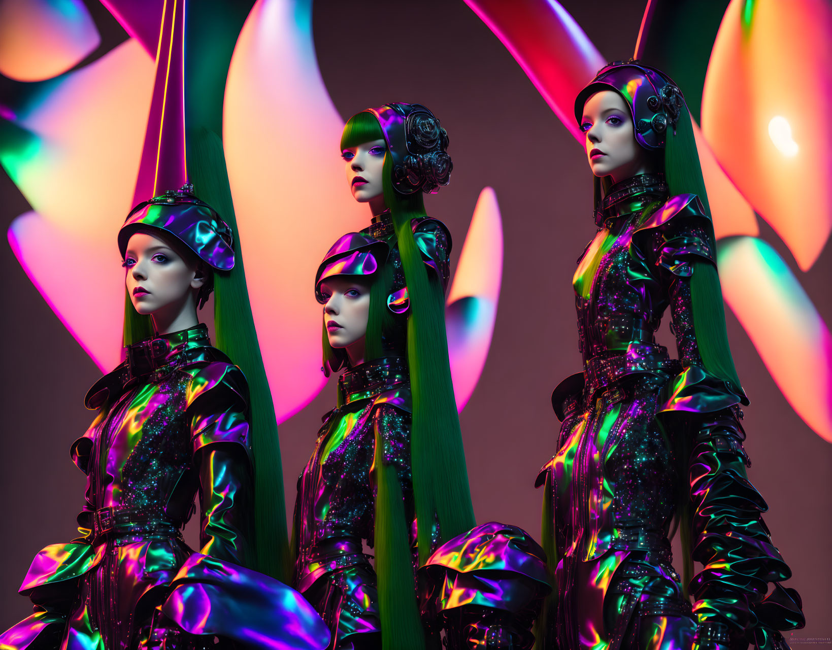 Four futuristic mannequins in metallic outfits against colorful backdrop