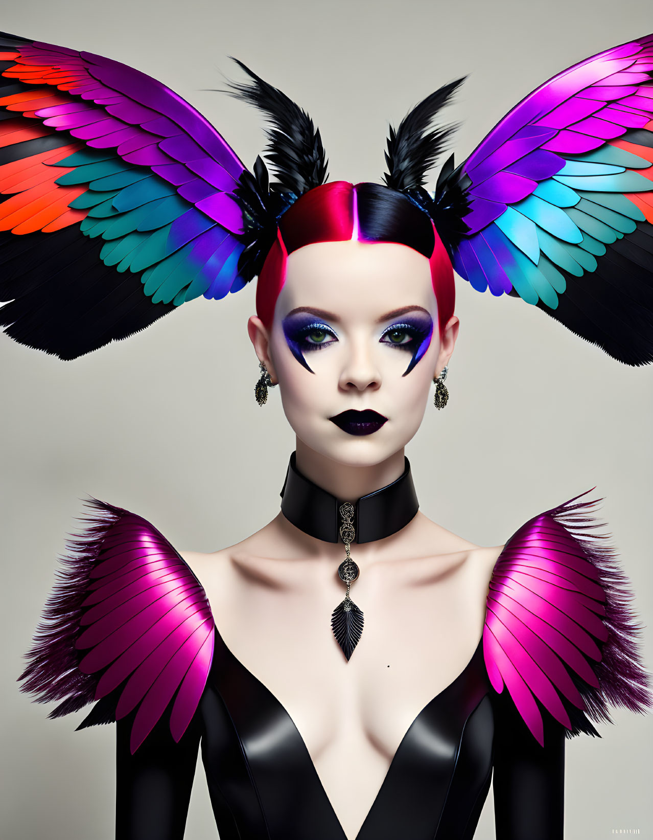 Vibrant surreal portrait with butterfly wings, dramatic makeup, and gothic choker