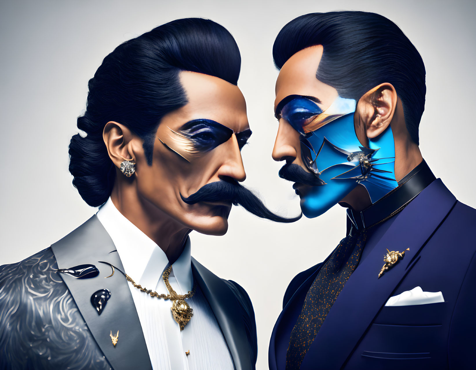 Stylized male figures: traditional vs. futuristic with blue visor