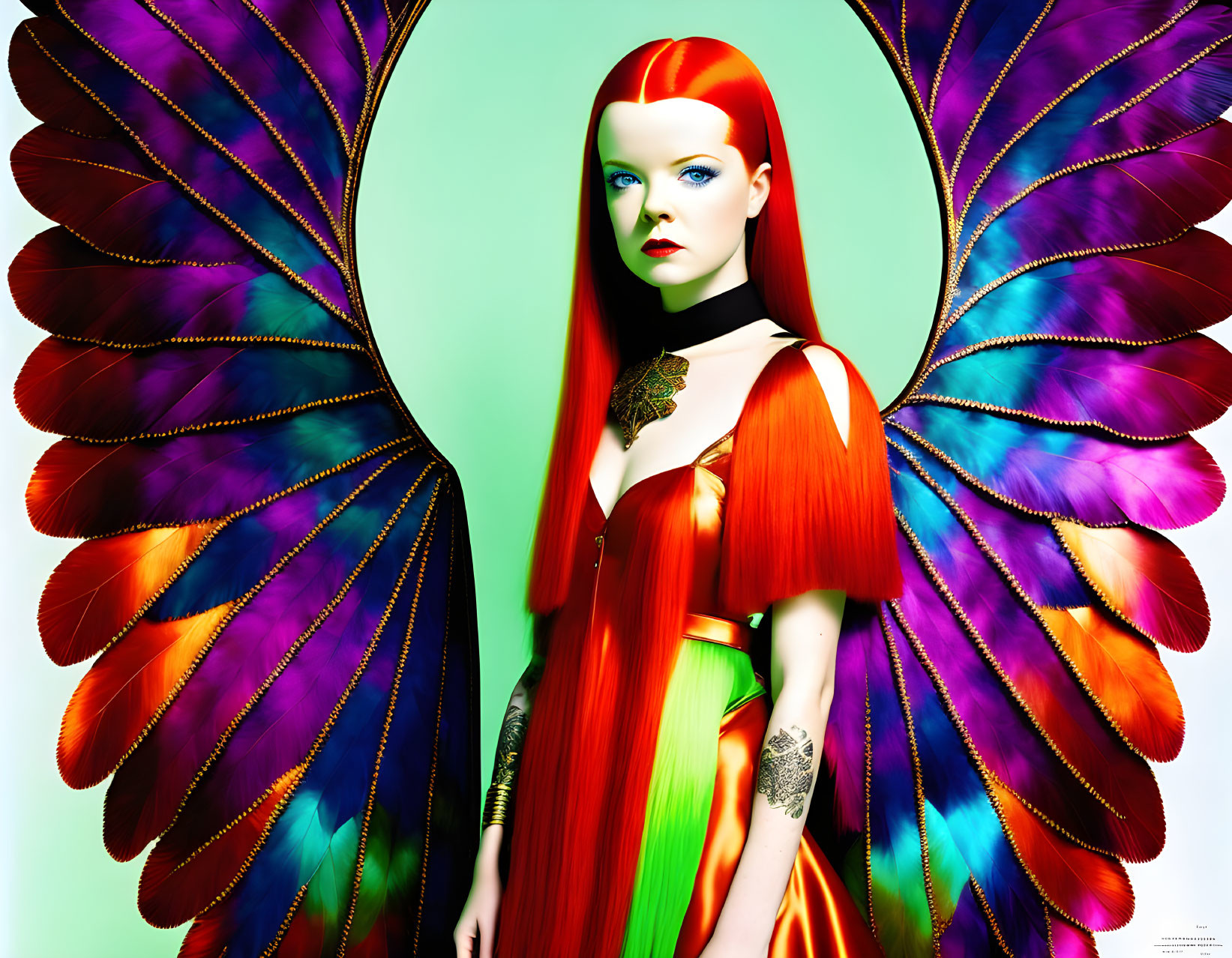 Vibrant red-haired woman with multicolored feathered wings and butterfly-like attire against green background