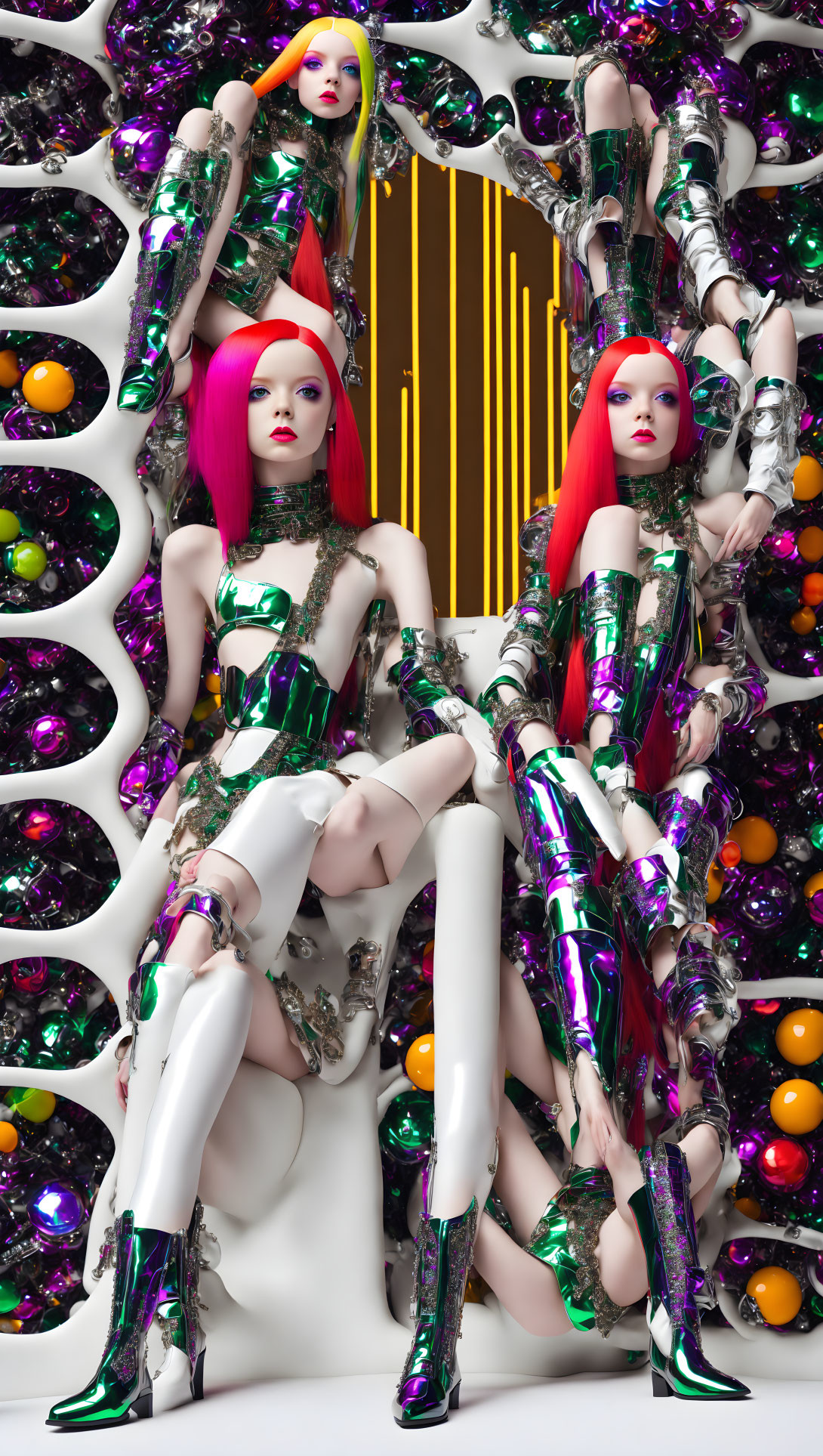 Identical models in pink hair & futuristic outfits with colorful spheres