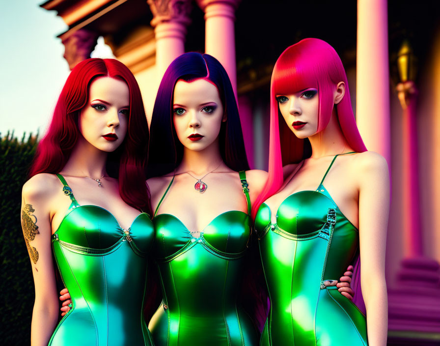 Stylized female figures with red hair and green corsets against classical backdrop at twilight