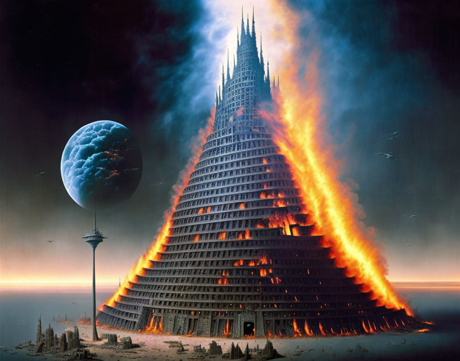 Futuristic pyramid structure engulfed in flames with blue planet and fleeing birds