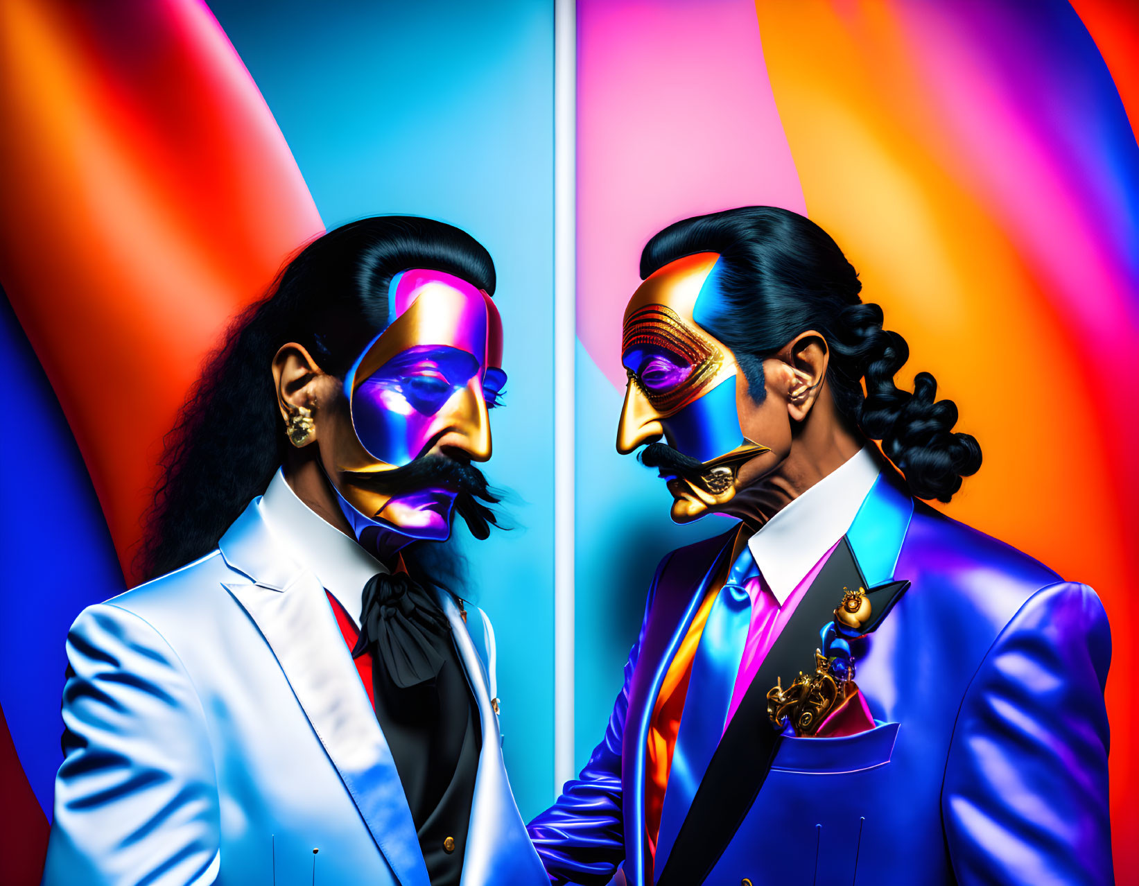 Two people in suits with half-face masks on colorful background