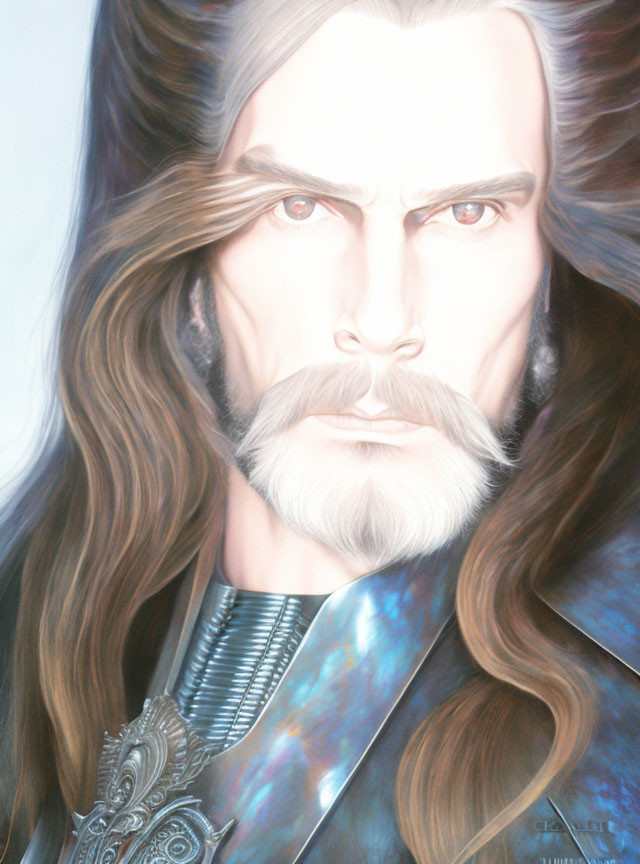 Portrait of stern man with long hair, beard, and chainmail attire