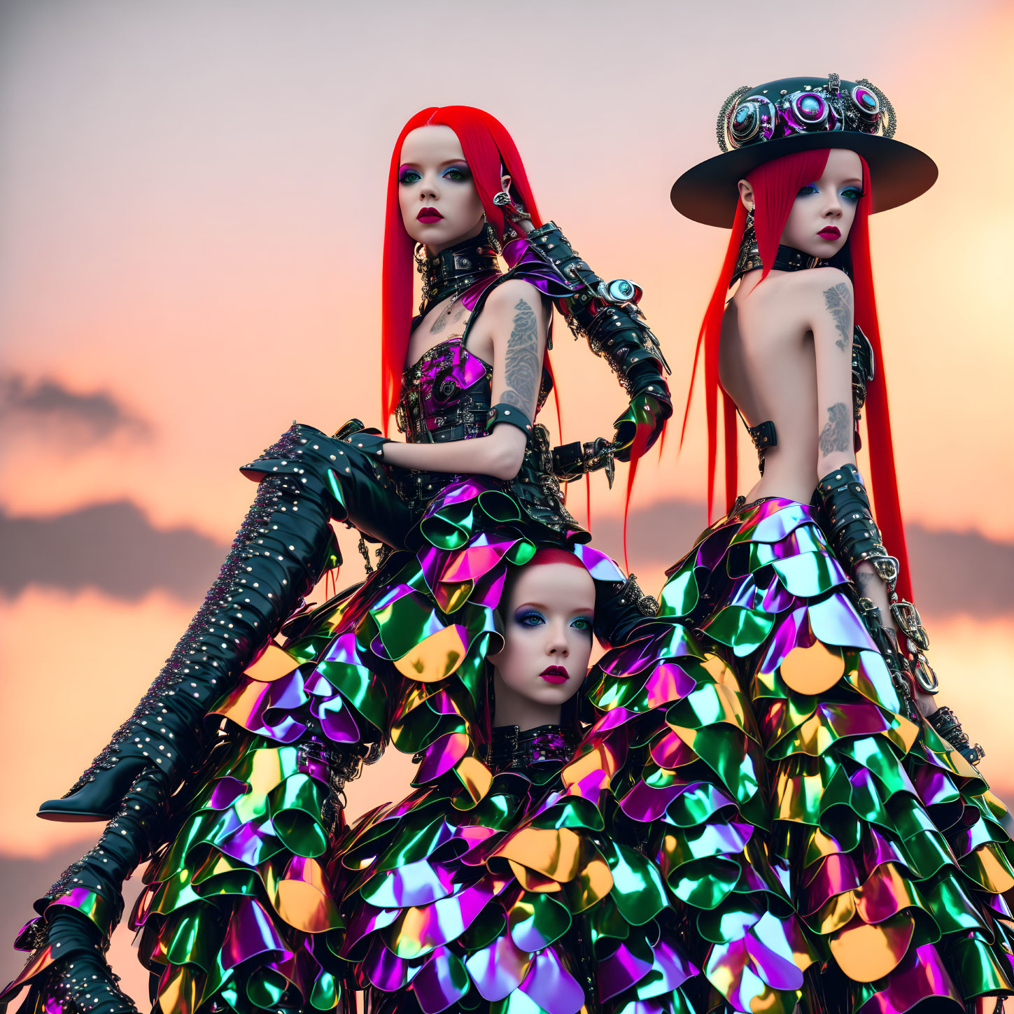 Three vibrant futuristic female figures in avant-garde outfits against a sunset sky