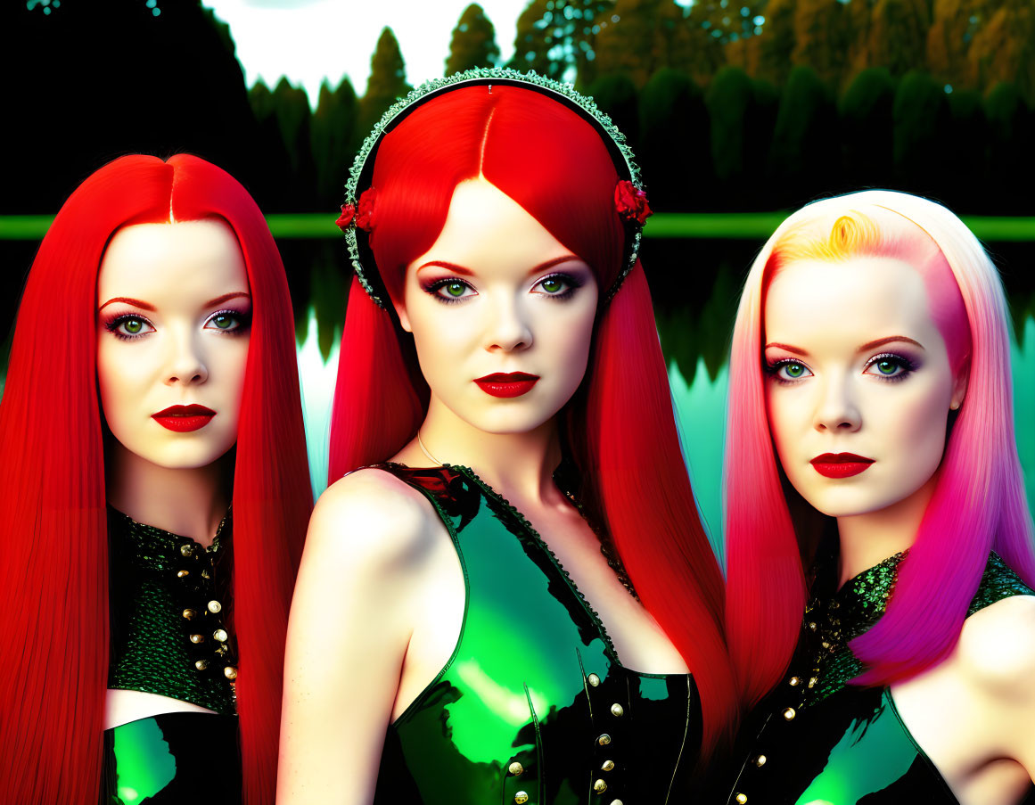 Three females with vibrant red hair and striking makeup in green-black dresses against a forest backdrop.