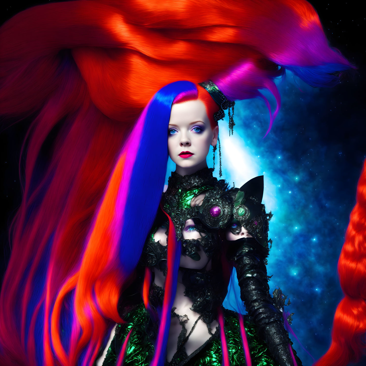 Fantasy figure with red hair, blue streak, and black armor in cosmic setting