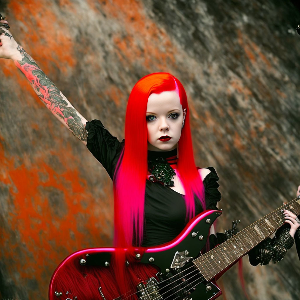 Vibrant red-haired woman with tattoos holding electric guitar in dark outfit against rusty backdrop