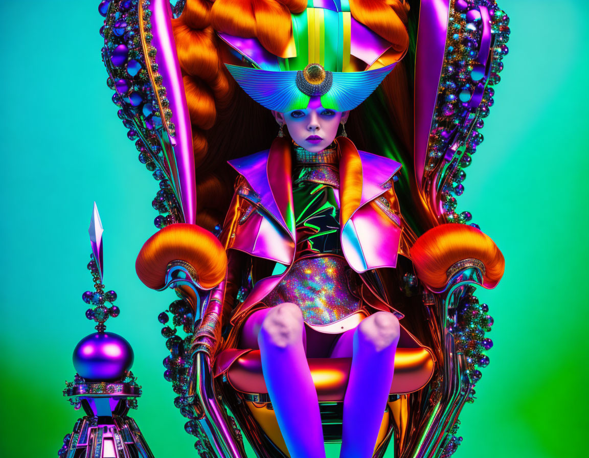 Futuristic attire person with colorful headpiece on ornate chair against neon green and blue background.