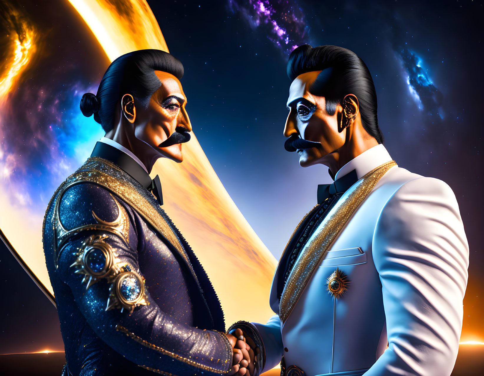 Stylized male figures with handlebar mustaches in futuristic attire against cosmic backdrop