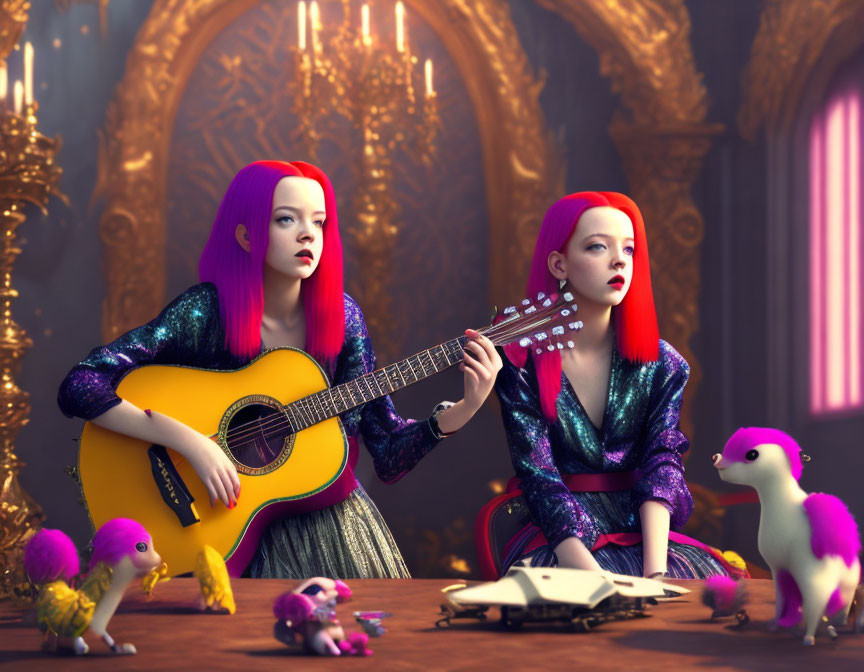 Stylized female figures with vibrant hair playing guitar amidst whimsical purple creatures in grand setting