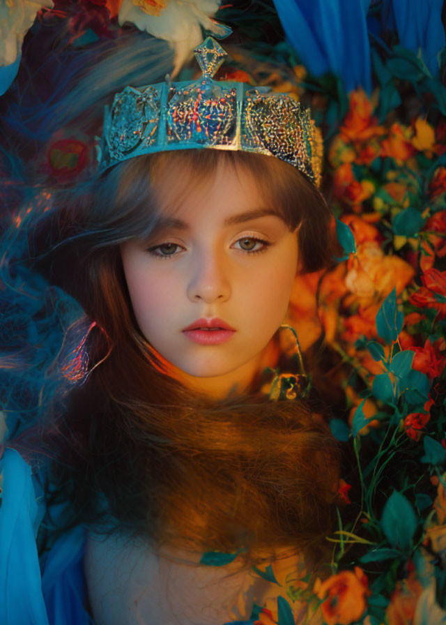 Young woman with crown in blue fabric surrounded by colorful flowers