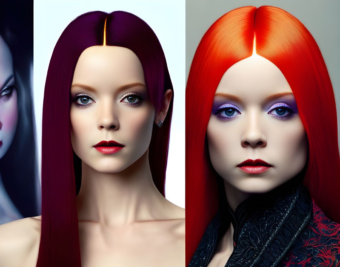 Two side-by-side portraits of a woman with vibrant purple and red hair, pale skin, striking makeup