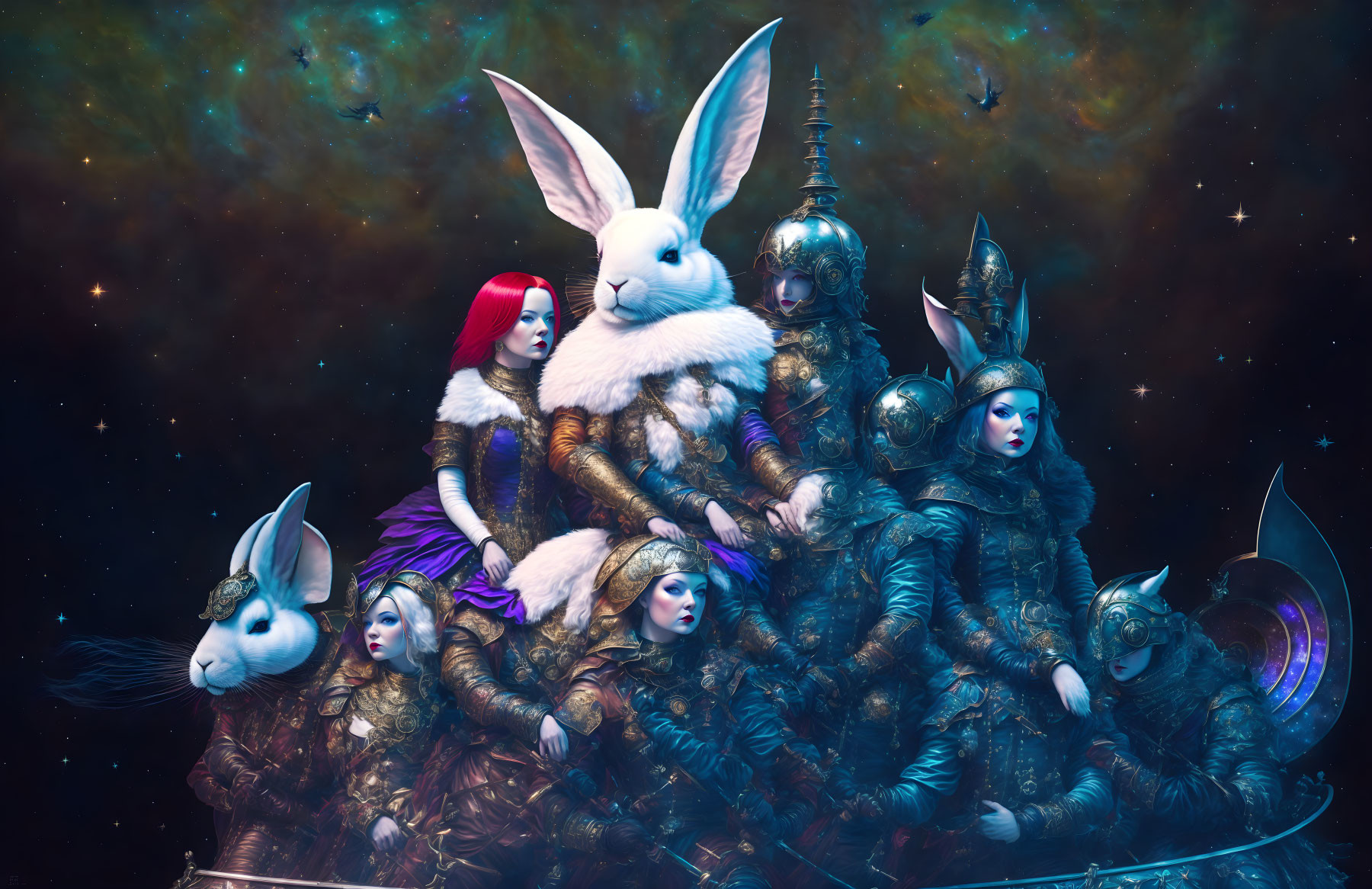 Fantastical digital artwork: Armored rabbit-headed characters and human with red hood in cosmic nebula