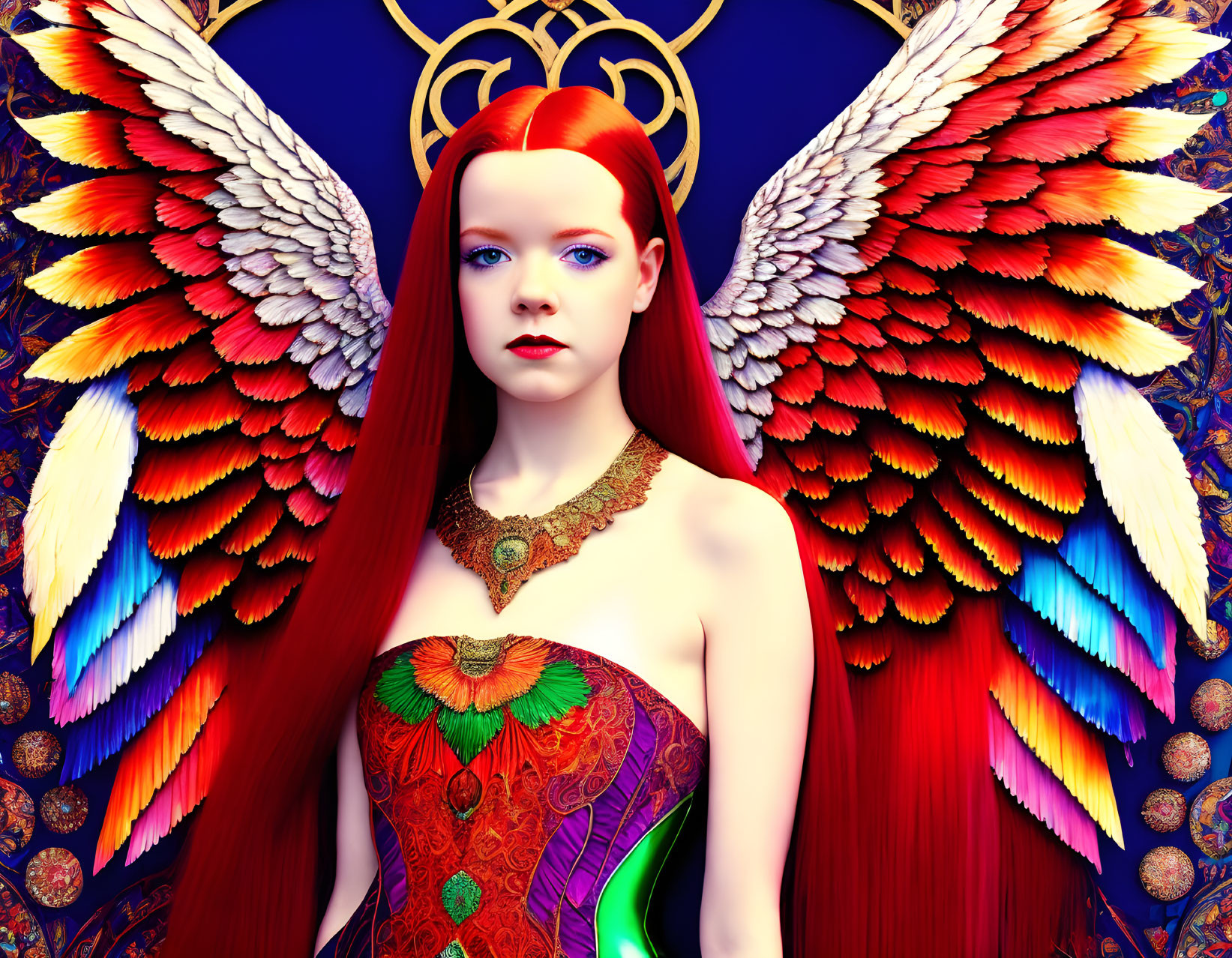 Woman with Angel Wings and Red Hair on Blue Ornate Background