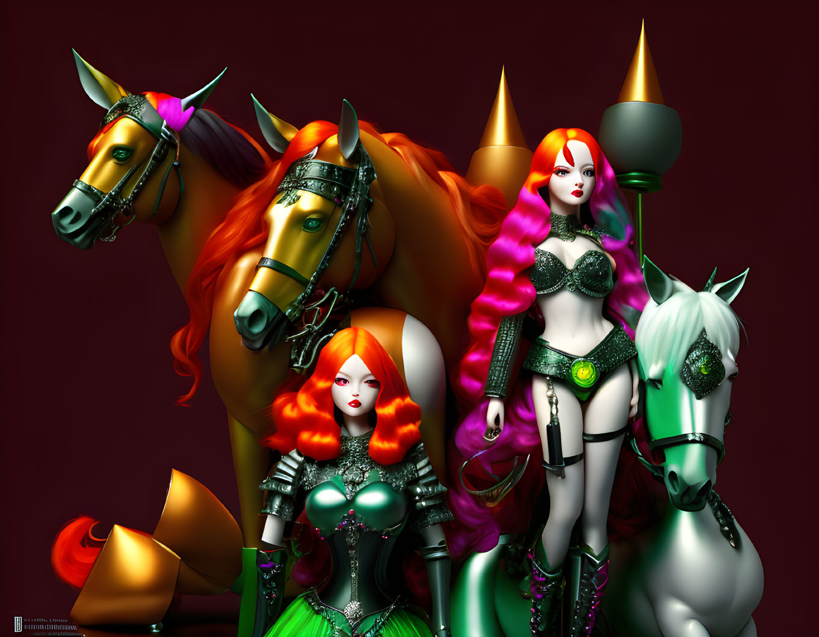 Stylized female warriors with colorful hair and fantasy armor alongside horses on burgundy backdrop