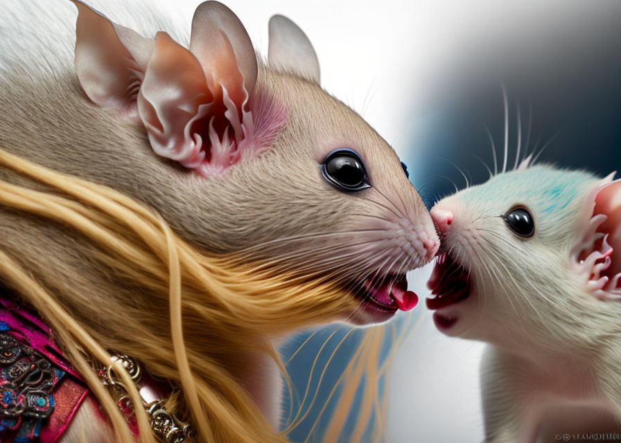 Two animated mice with human-like features in close encounter, one brown and one white, on blurred background