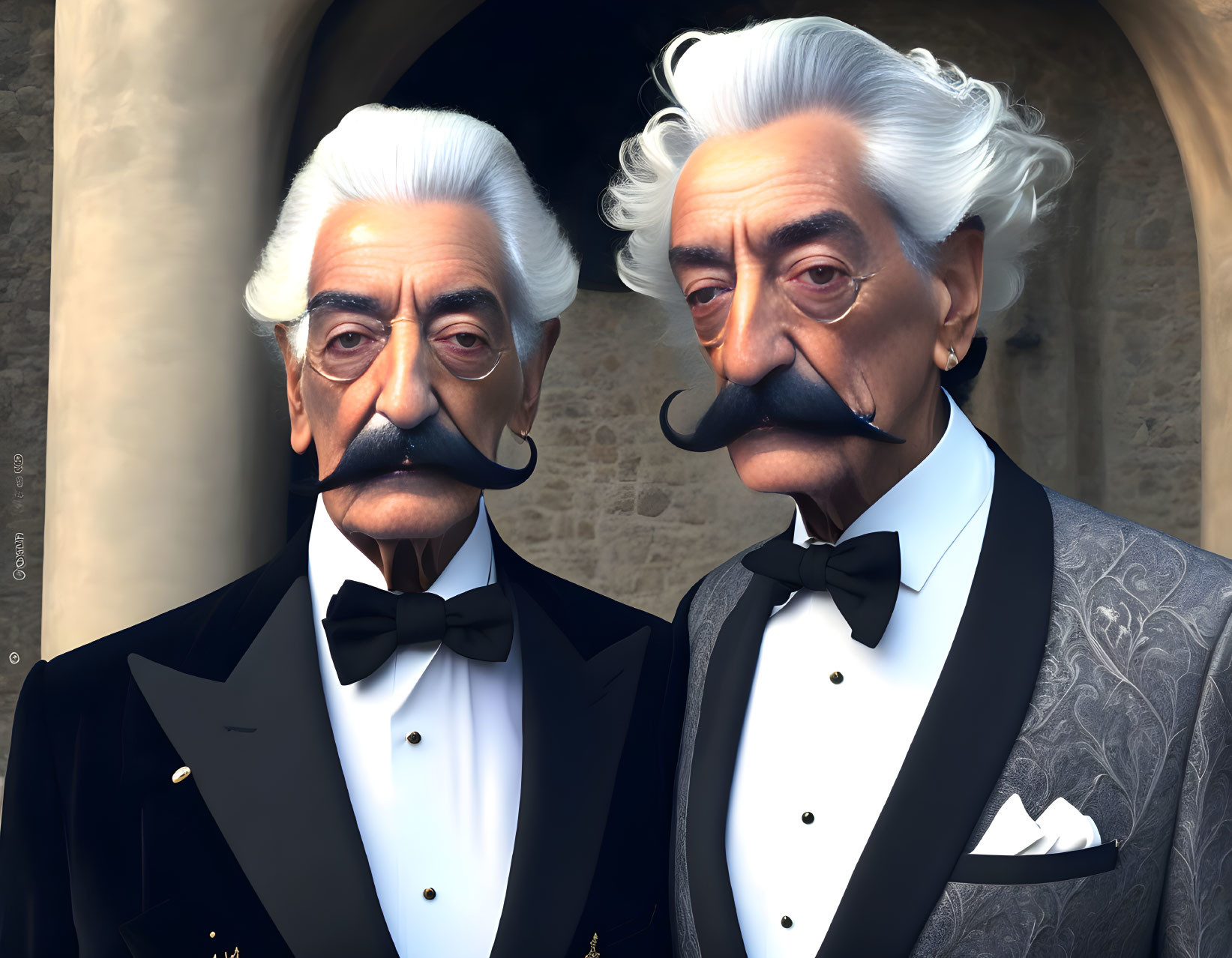 Elderly gentlemen with mustaches in formal attire standing sternly