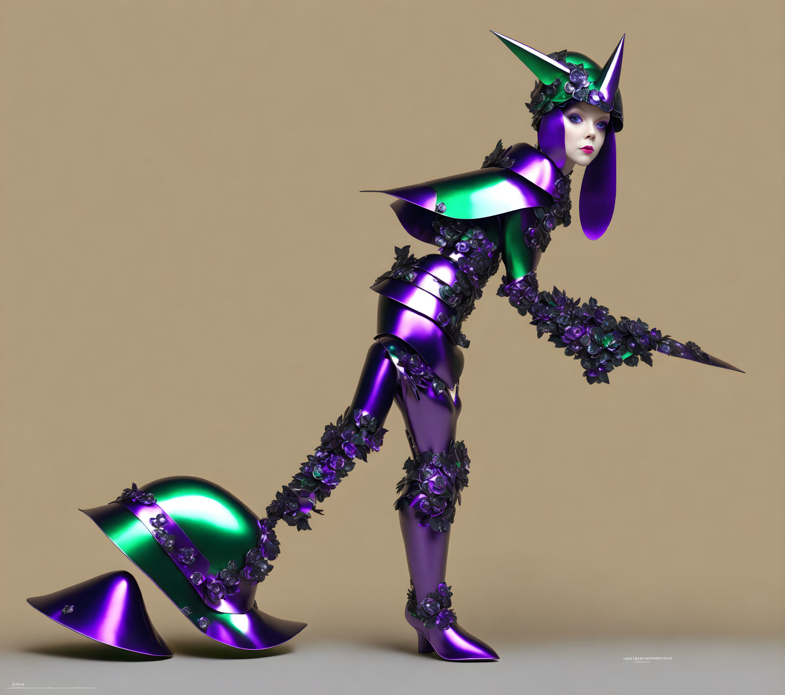 Stylized character in purple and green armor with floral details and whimsical hat.