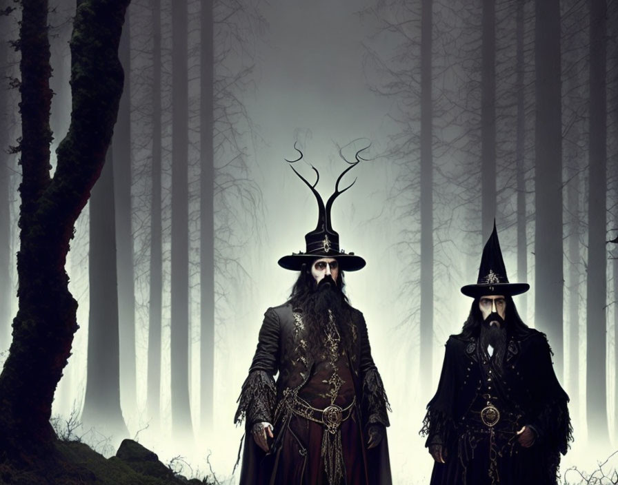 Two individuals in dark costumes with top hats in misty forest setting