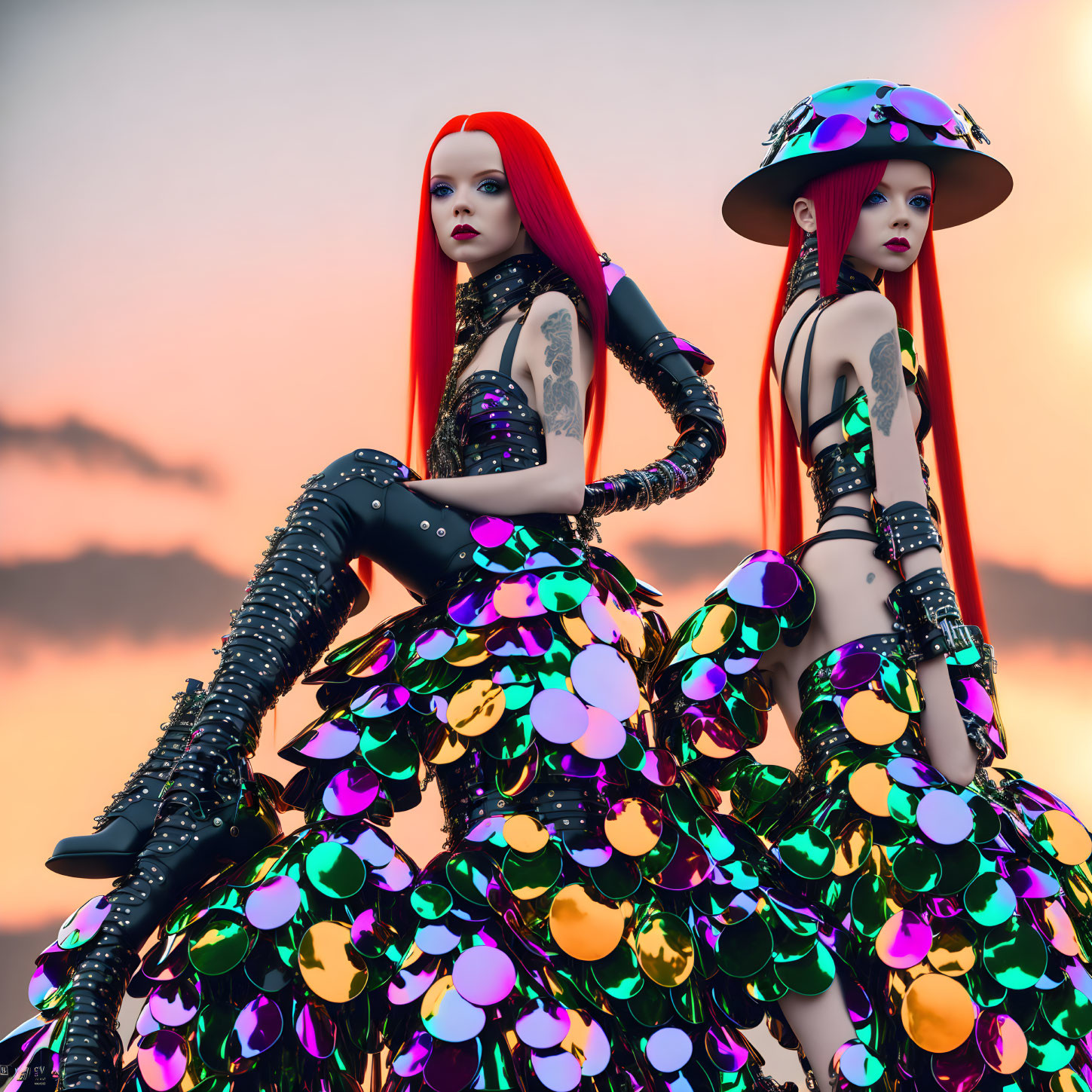 Red-haired models in sequin dresses and platform boots under sunset sky