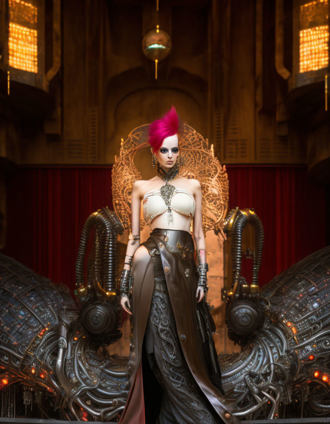 Steampunk-themed portrait of a woman with pink mohawk in gold attire