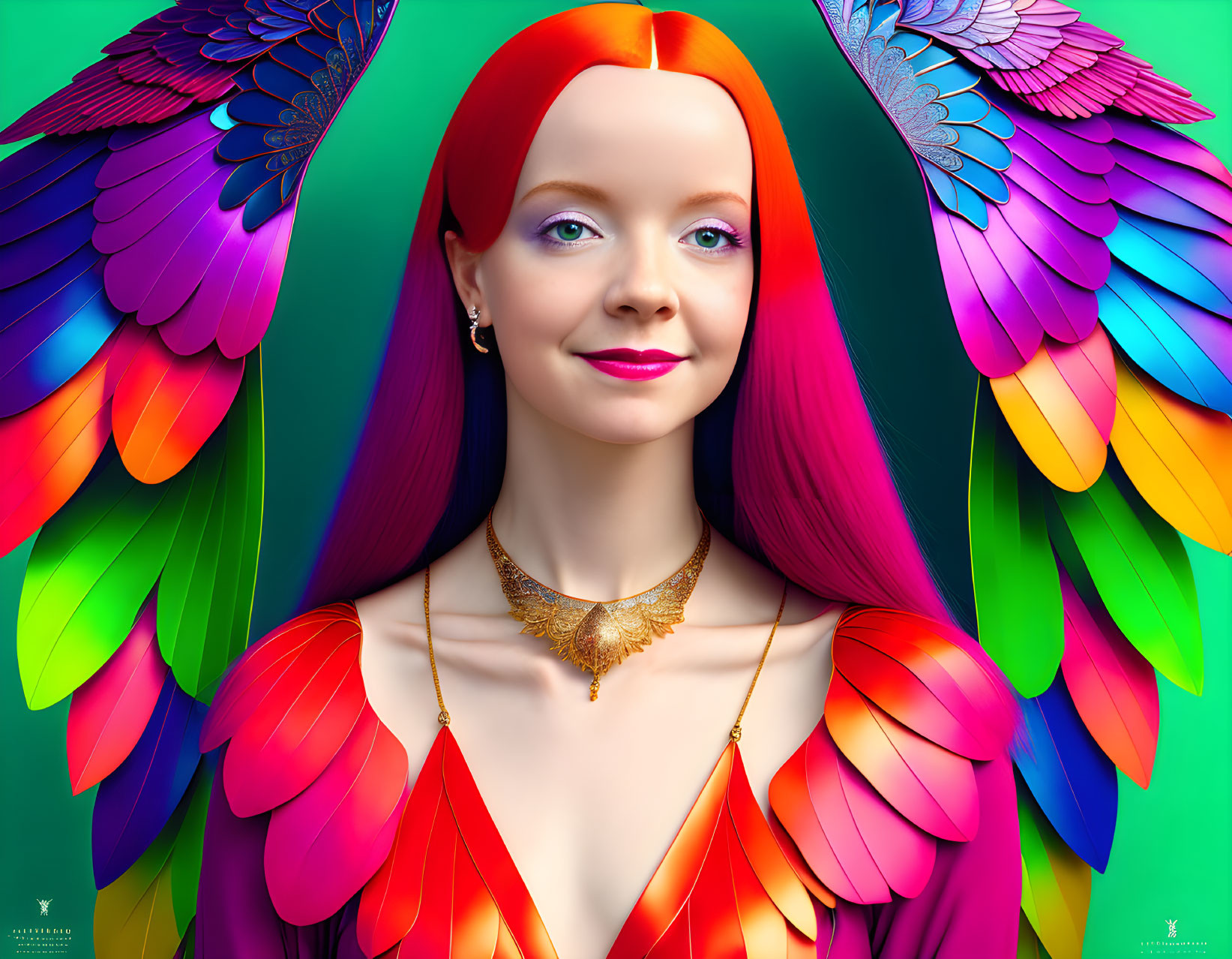 Colorful woman with feathered wings smiling on green background